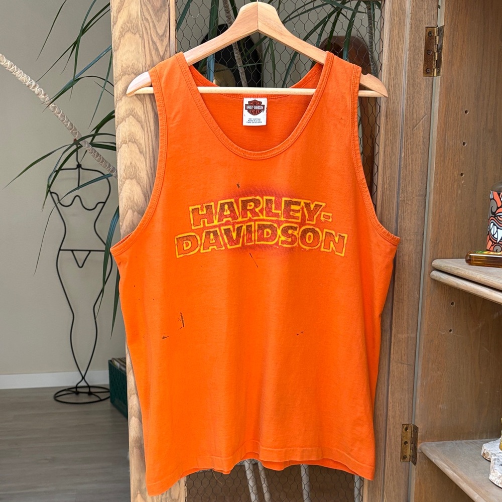 Vintage Harley-Davidson House of Thunder Morgan Hill Neon Orange Tank Top